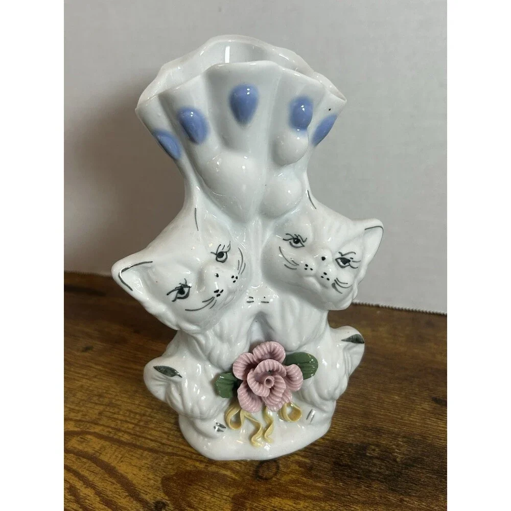 Vintage Sophia-Ann White Cat Vase Pink Roses Blue Accent Ceramic Figurine 7”